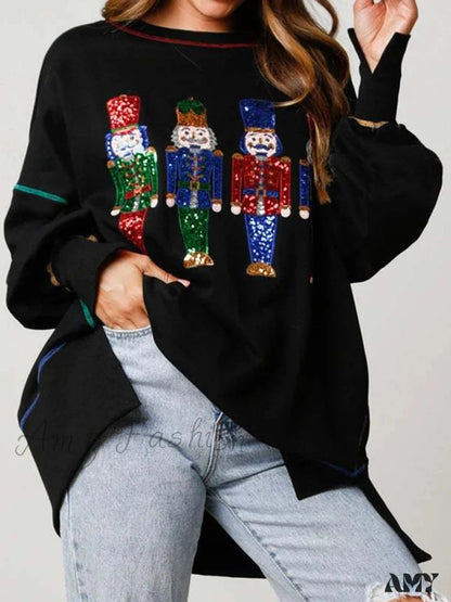 Y2K Nutcracker Sequin Long Sleeve Crewneck Christmas Hoodie Black / S