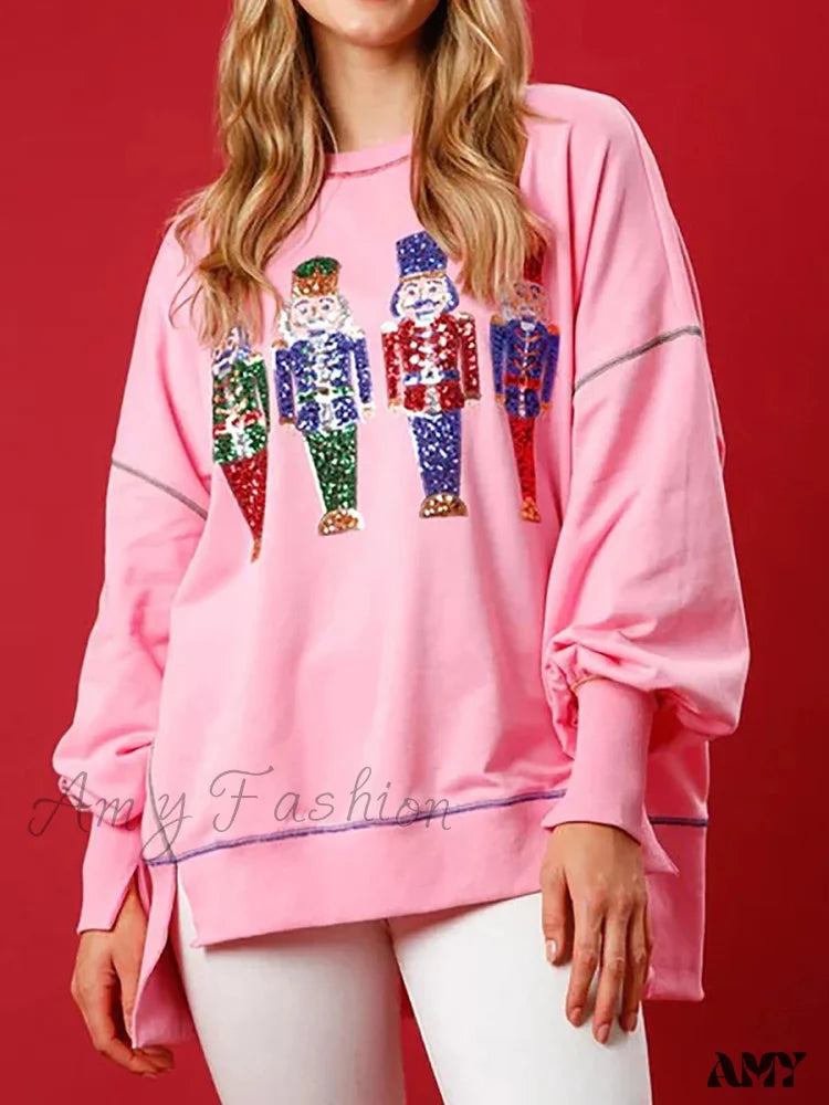 Y2K Nutcracker Sequin Long Sleeve Crewneck Christmas Hoodie Pink / S