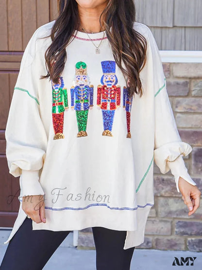 Y2K Nutcracker Sequin Long Sleeve Crewneck Christmas Hoodie White / S