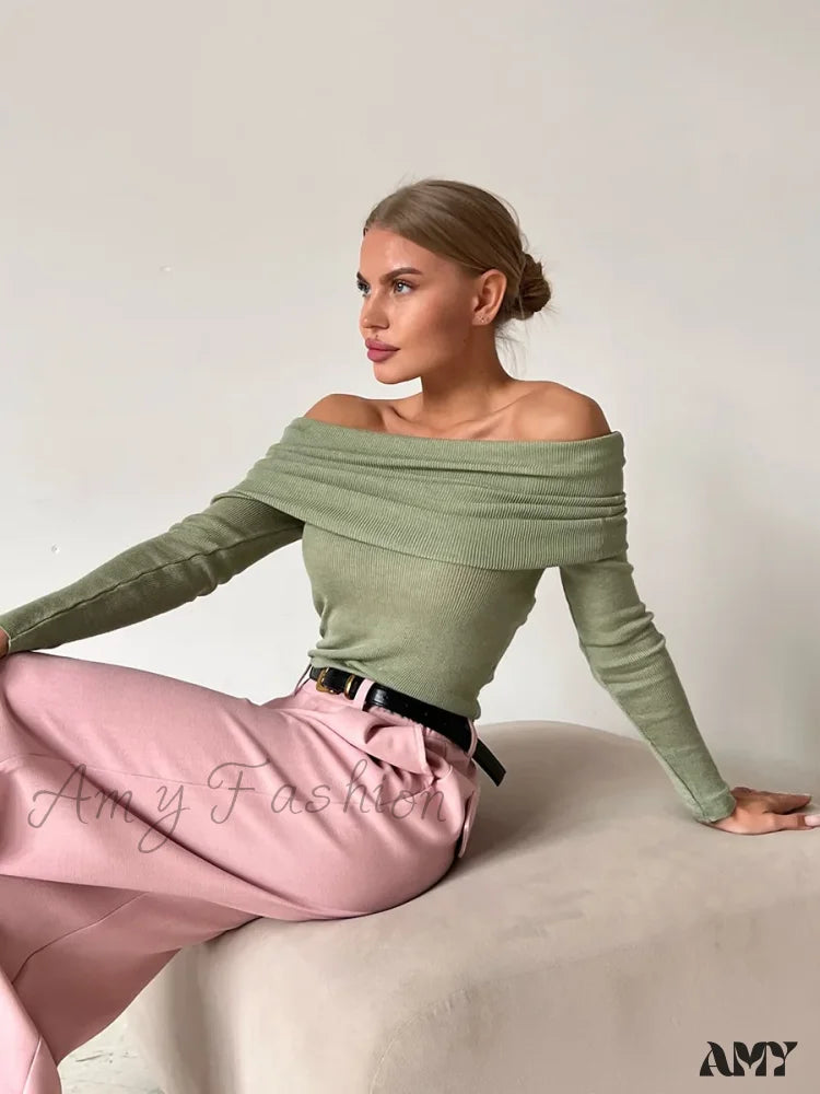 Y2K Off Shoulder Autumn Winter Solid Long Sleeve Streetwear Sweater Green / S