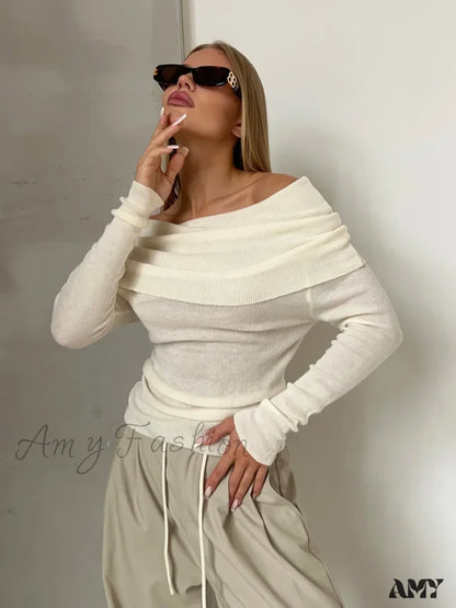 Y2K Off Shoulder Autumn Winter Solid Long Sleeve Streetwear Sweater White / S