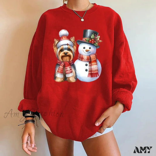 Y2K Snowman Dog Printed Christmas Hoodie Red / S