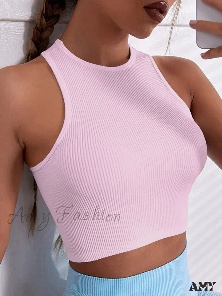 Y2K Solid Color Corset O-Neck Summer Clothes Crop Top Pink / S