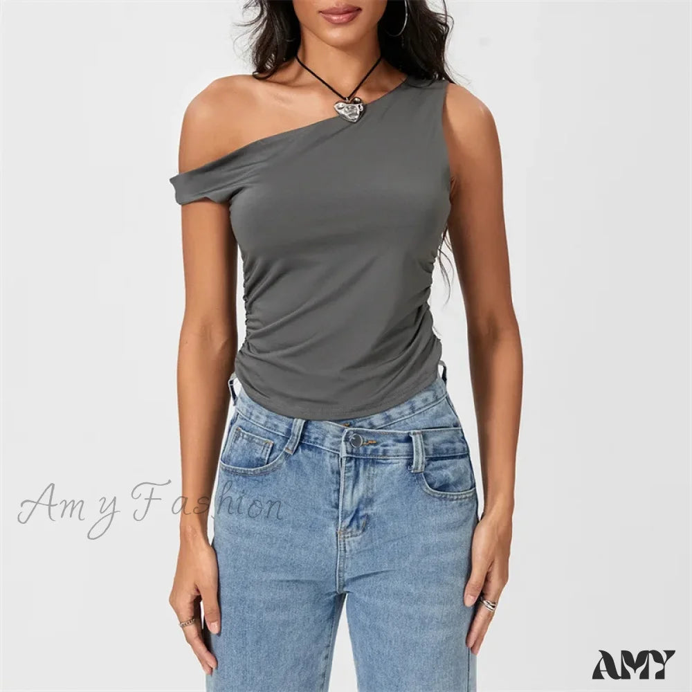 Y2K Solid Color Oblique Shoulder Sleeveless Aesthetic Summer Streetwear Crop Top