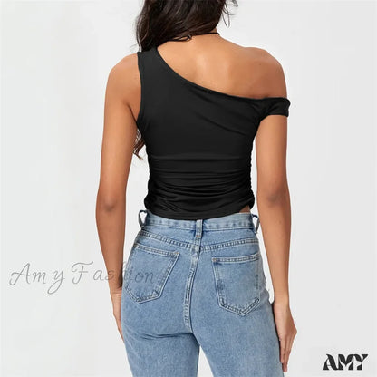 Y2K Solid Color Oblique Shoulder Sleeveless Aesthetic Summer Streetwear Crop Top