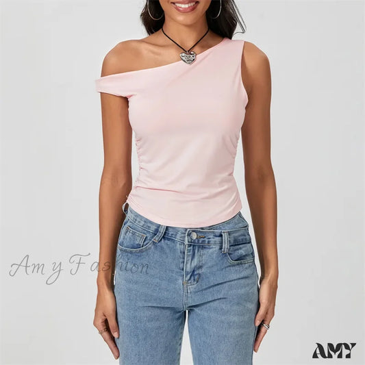 Y2K Solid Color Oblique Shoulder Sleeveless Aesthetic Summer Streetwear Crop Top