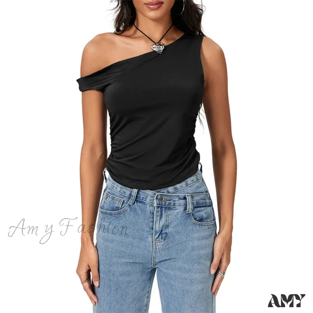 Y2K Solid Color Oblique Shoulder Sleeveless Aesthetic Summer Streetwear Crop Top Black / S