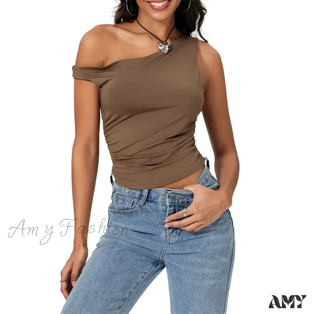 Y2K Solid Color Oblique Shoulder Sleeveless Aesthetic Summer Streetwear Crop Top Brown / S