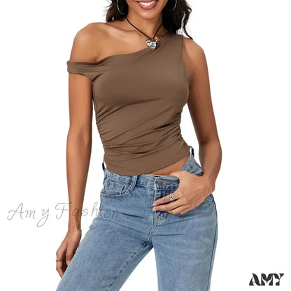 Y2K Solid Color Oblique Shoulder Sleeveless Aesthetic Summer Streetwear Crop Top Brown / S