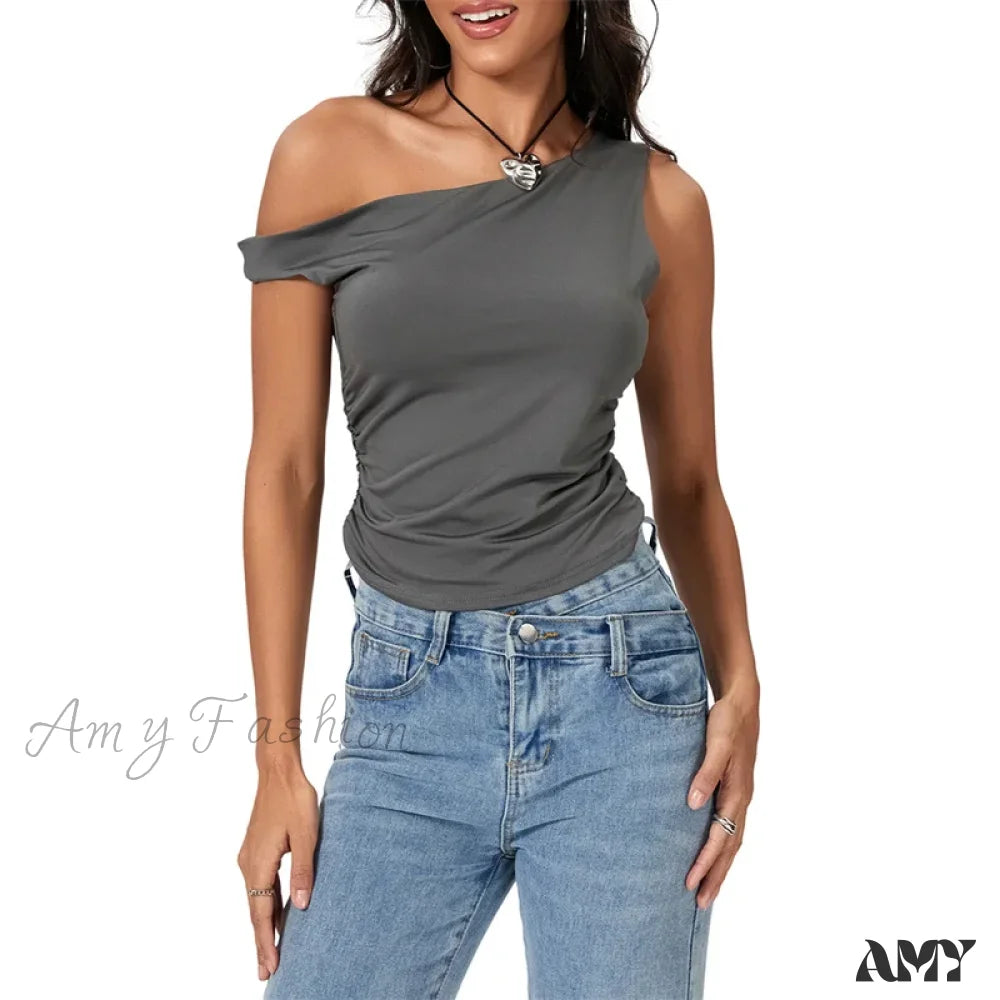 Y2K Solid Color Oblique Shoulder Sleeveless Aesthetic Summer Streetwear Crop Top Grey / S