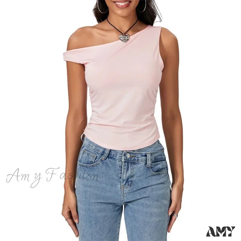 Y2K Solid Color Oblique Shoulder Sleeveless Aesthetic Summer Streetwear Crop Top Pink / S