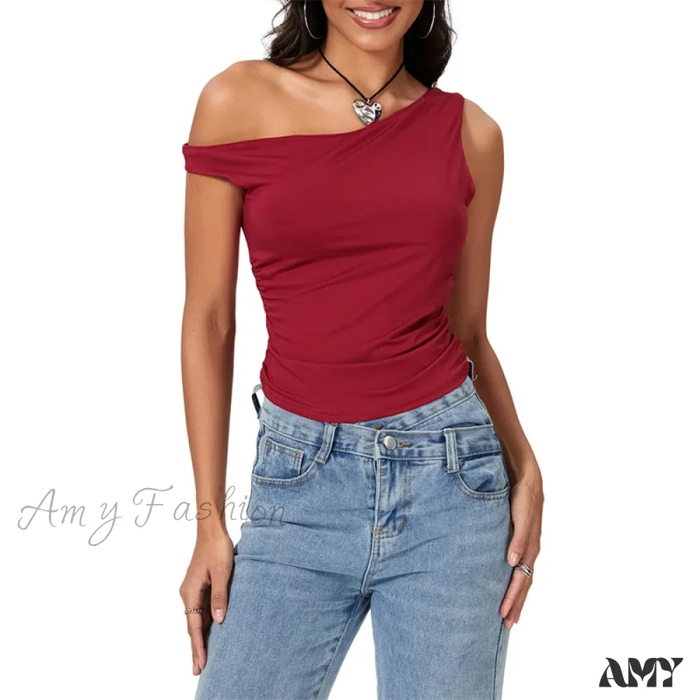 Y2K Solid Color Oblique Shoulder Sleeveless Aesthetic Summer Streetwear Crop Top Red / S