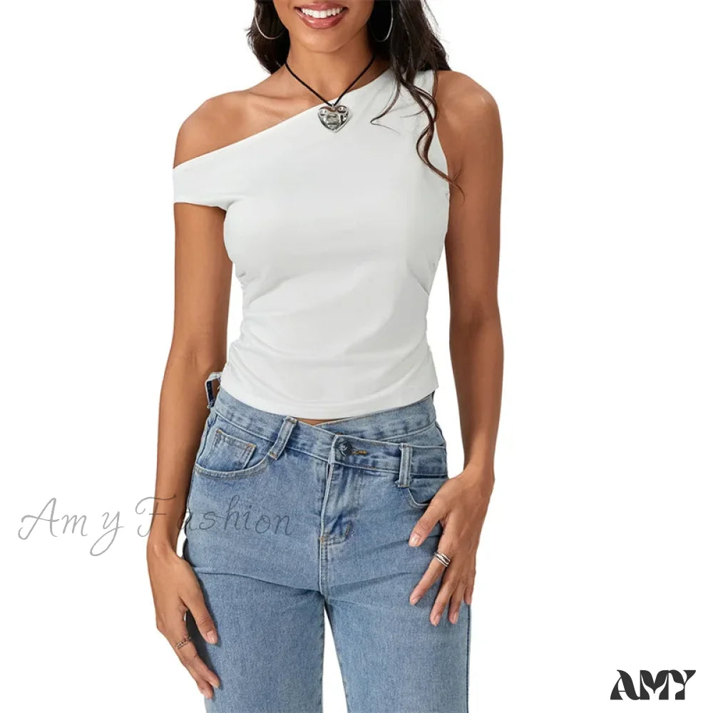 Y2K Solid Color Oblique Shoulder Sleeveless Aesthetic Summer Streetwear Crop Top White / S