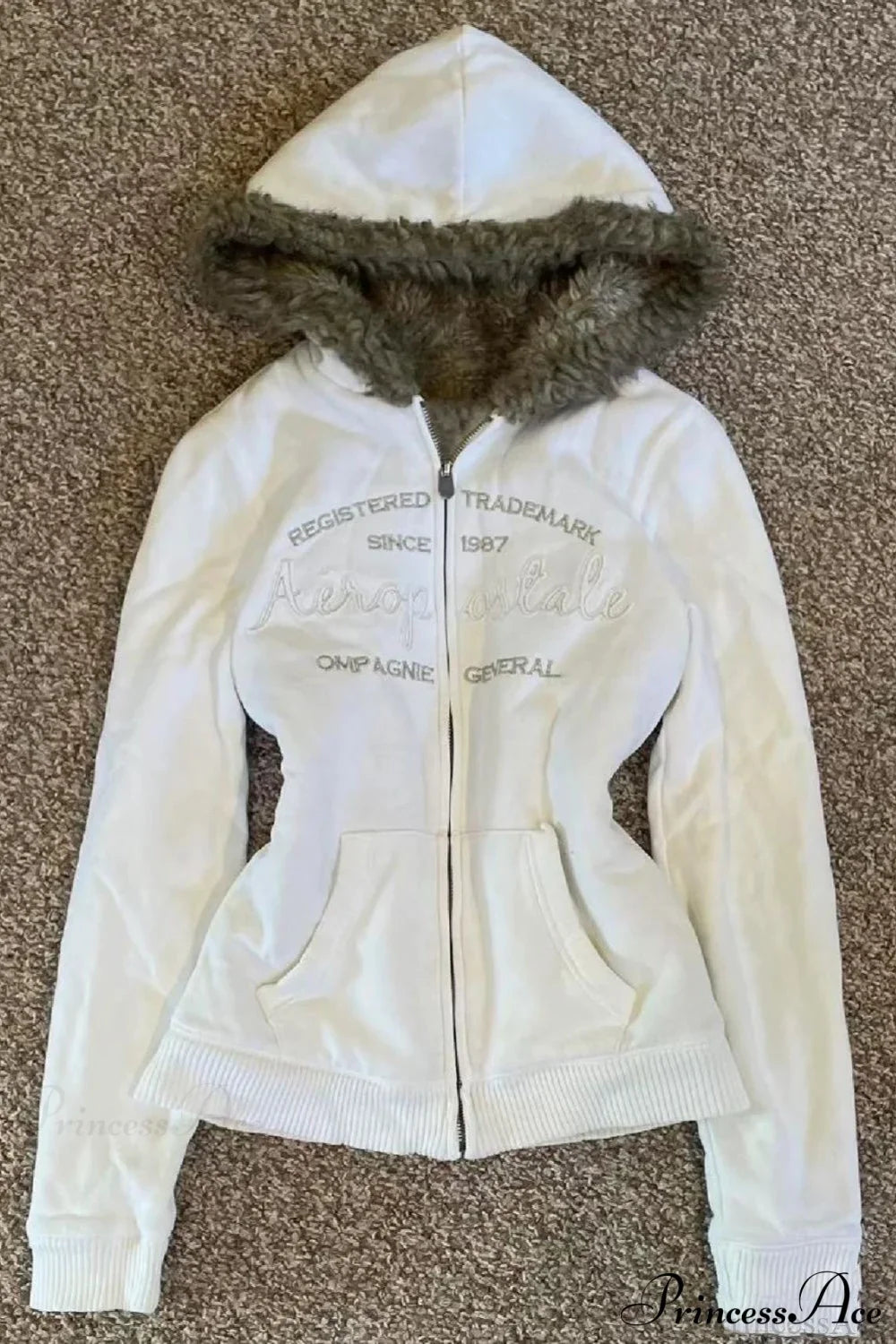 Y2K Solid Fleece Embroidered Letter Zip Hoodie White / S