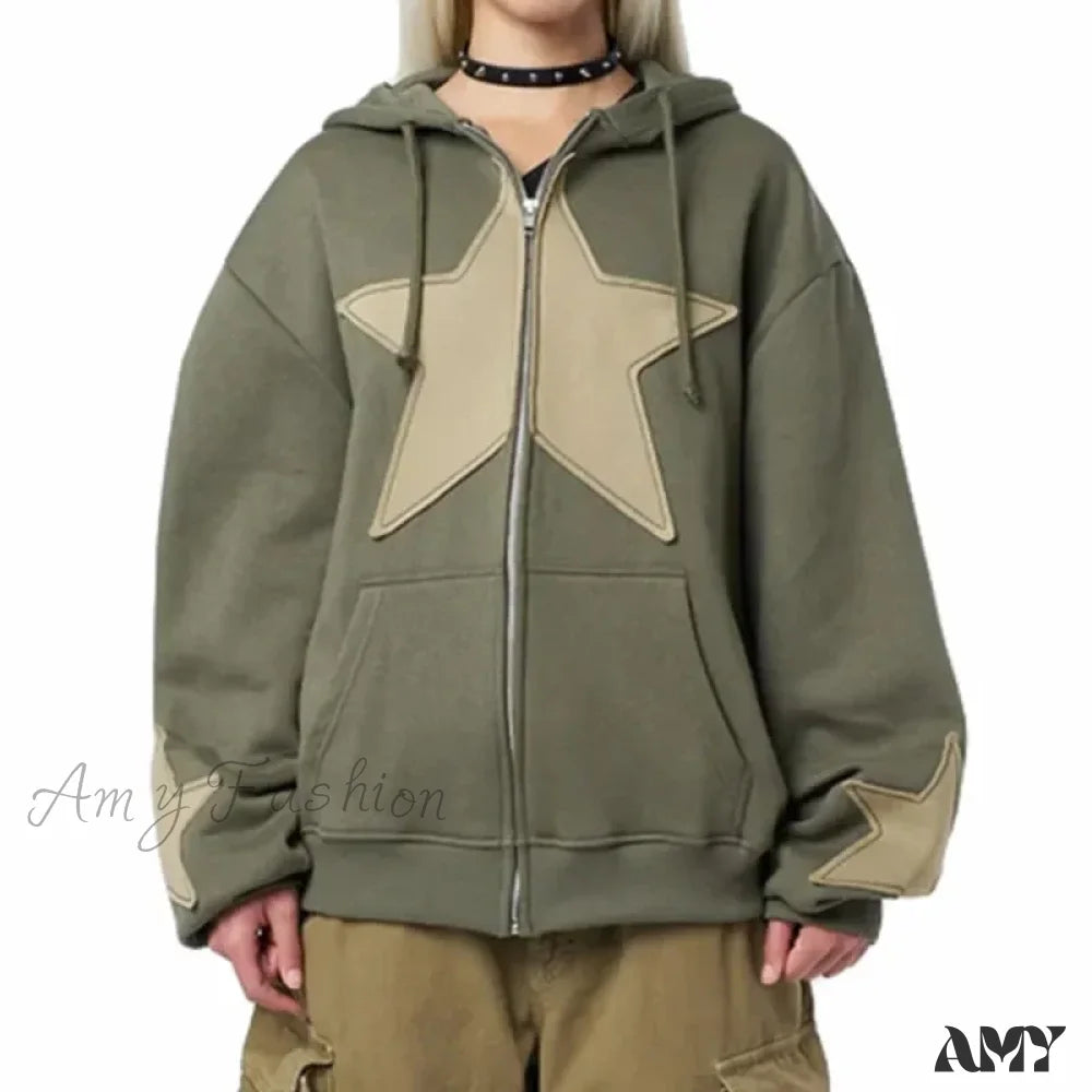 Y2K Spring Autumn Long Sleeve Star Zip Up Streetwear Hoodie