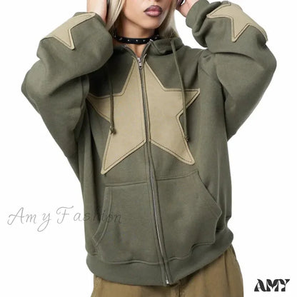 Y2K Spring Autumn Long Sleeve Star Zip Up Streetwear Hoodie