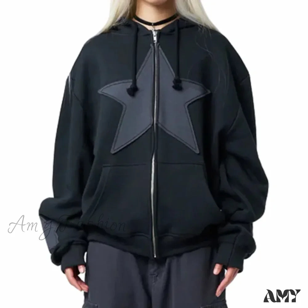 Y2K Spring Autumn Long Sleeve Star Zip Up Streetwear Hoodie Black / S