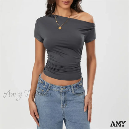 Y2K Summer Grunge Oblique Shoulder Sleeveless Ruched Streetwear Crop Top