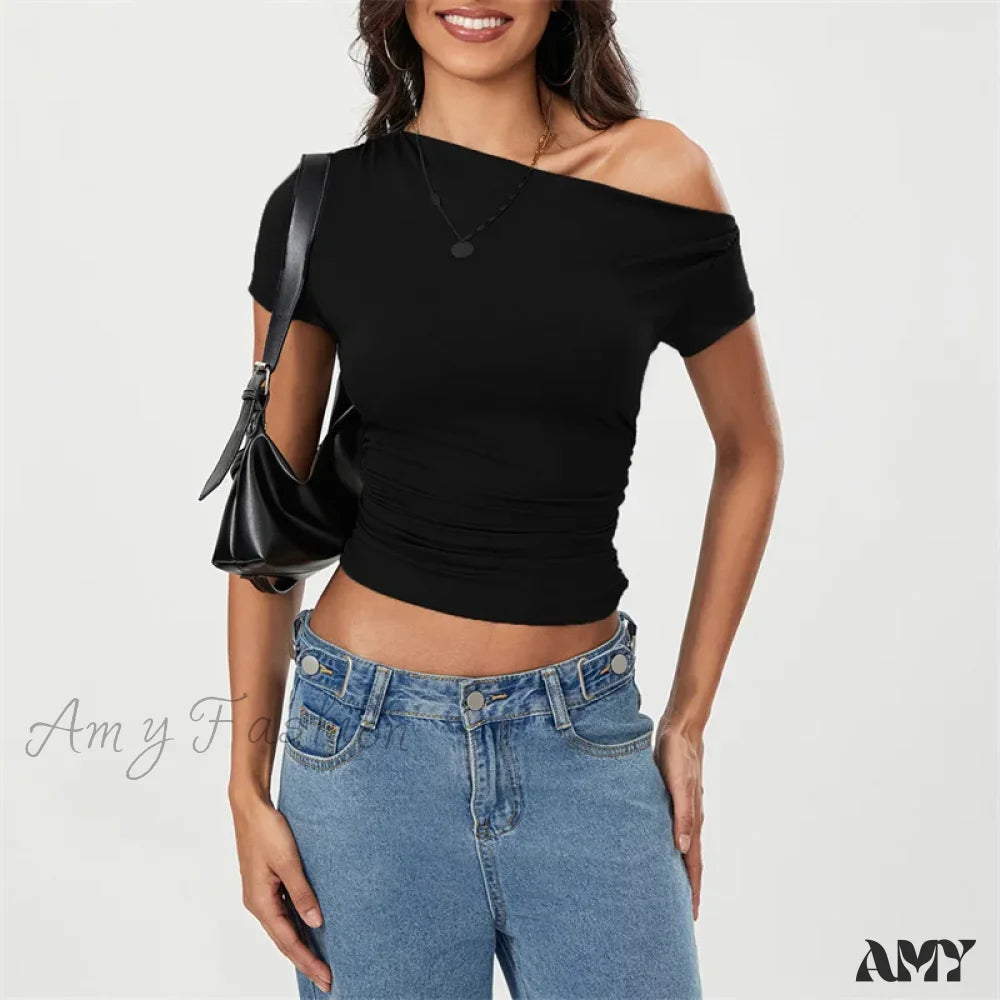 Y2K Summer Grunge Oblique Shoulder Sleeveless Ruched Streetwear Crop Top