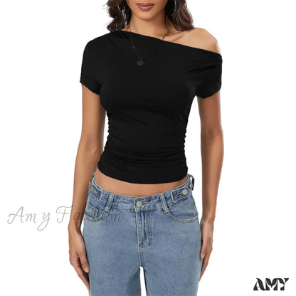 Y2K Summer Grunge Oblique Shoulder Sleeveless Ruched Streetwear Crop Top Black / S