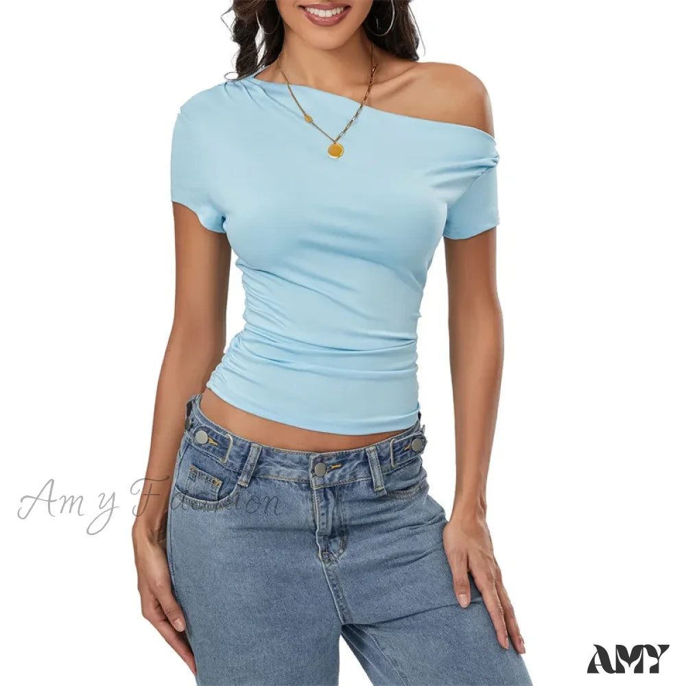 Y2K Summer Grunge Oblique Shoulder Sleeveless Ruched Streetwear Crop Top Blue / S