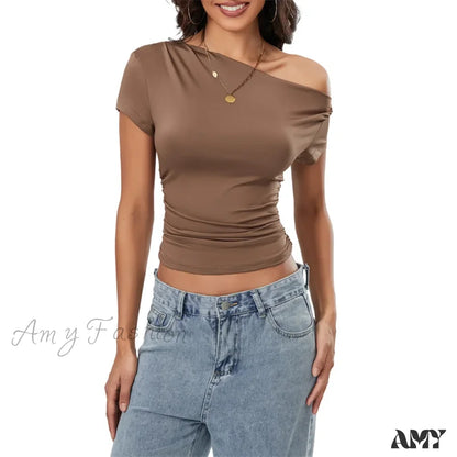 Y2K Summer Grunge Oblique Shoulder Sleeveless Ruched Streetwear Crop Top Brown / S