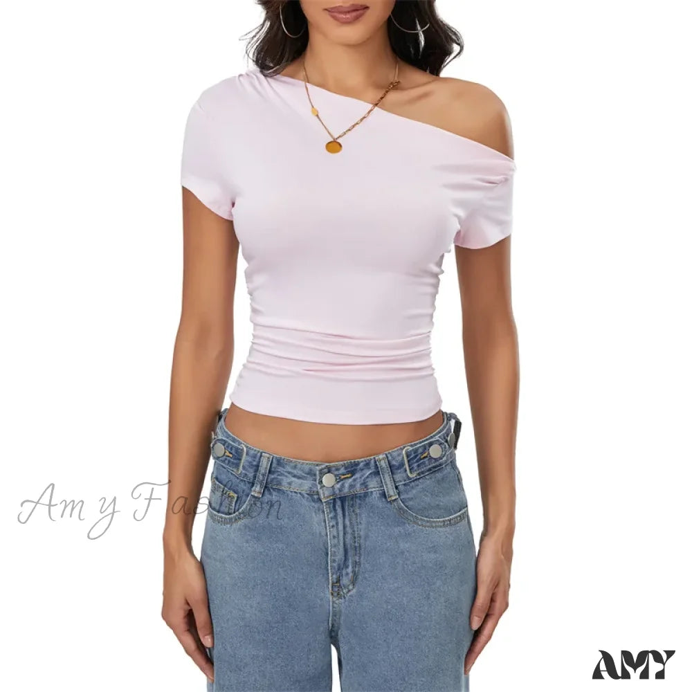 Y2K Summer Grunge Oblique Shoulder Sleeveless Ruched Streetwear Crop Top Pink / S