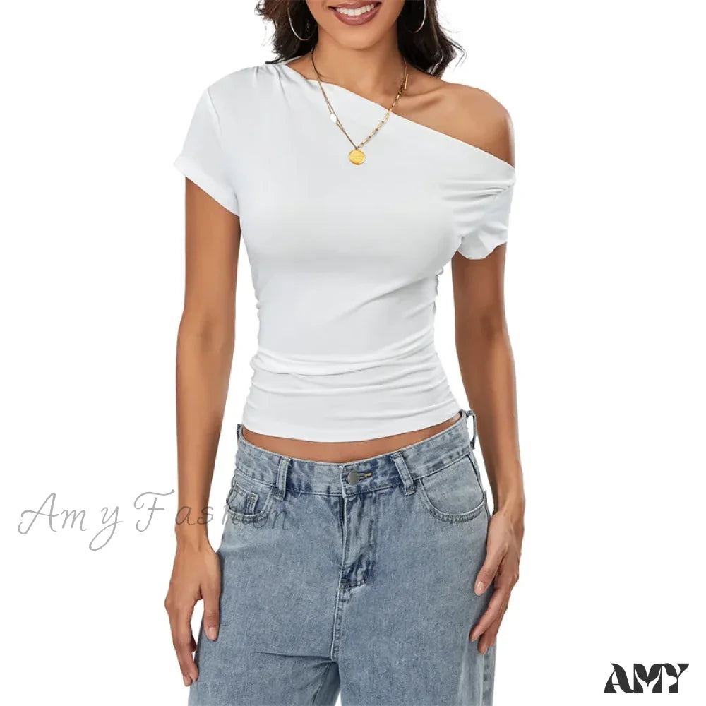 Y2K Summer Grunge Oblique Shoulder Sleeveless Ruched Streetwear Crop Top White / S