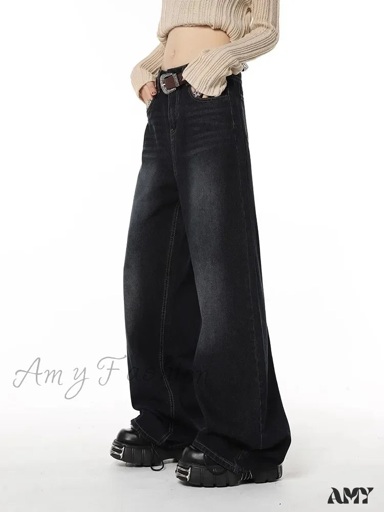 Y2K Vintage High Waist Harajuku Loose Wide Leg Grunge Oversized Jeans Black / S