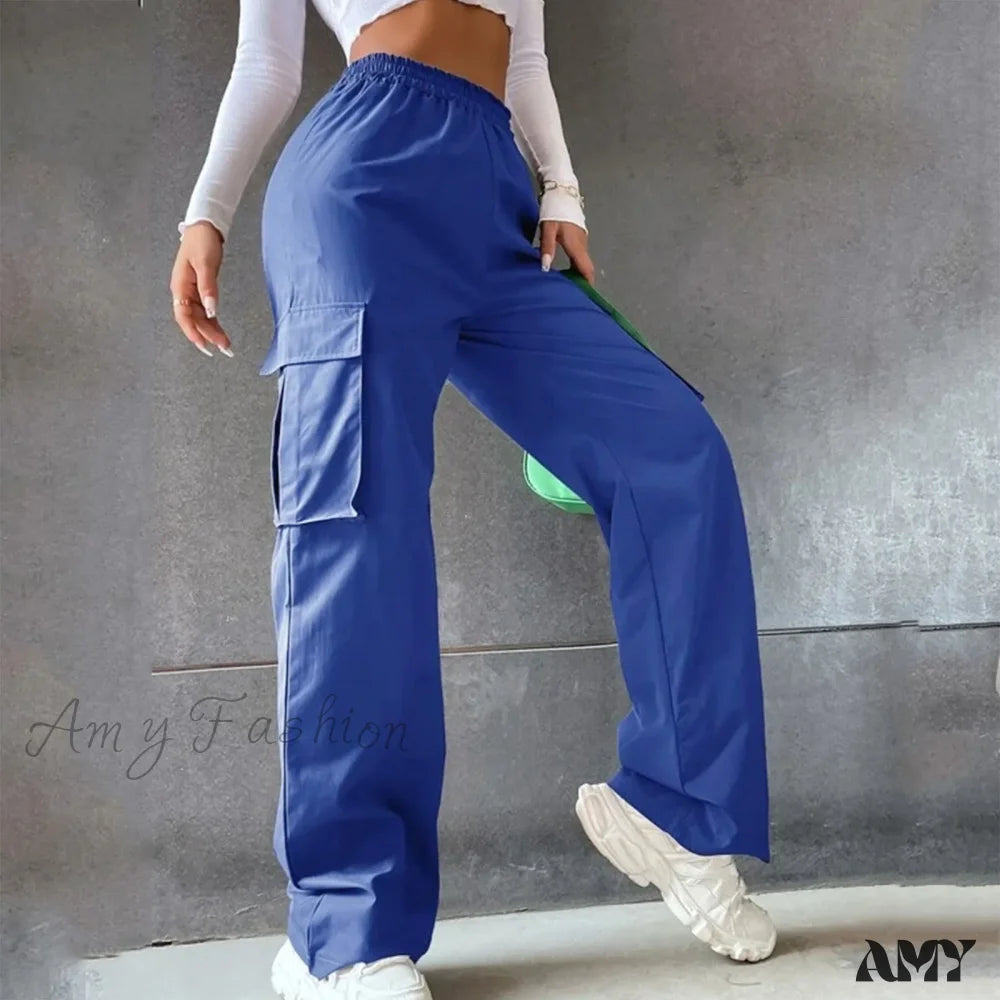 Y2K Vintage Streetwear Techwear Korean Harajuku Parachute Beige Wide Trouser Blue / S