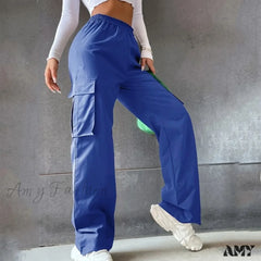 Y2K Vintage Streetwear Techwear Korean Harajuku Parachute Beige Wide Trouser Blue / S