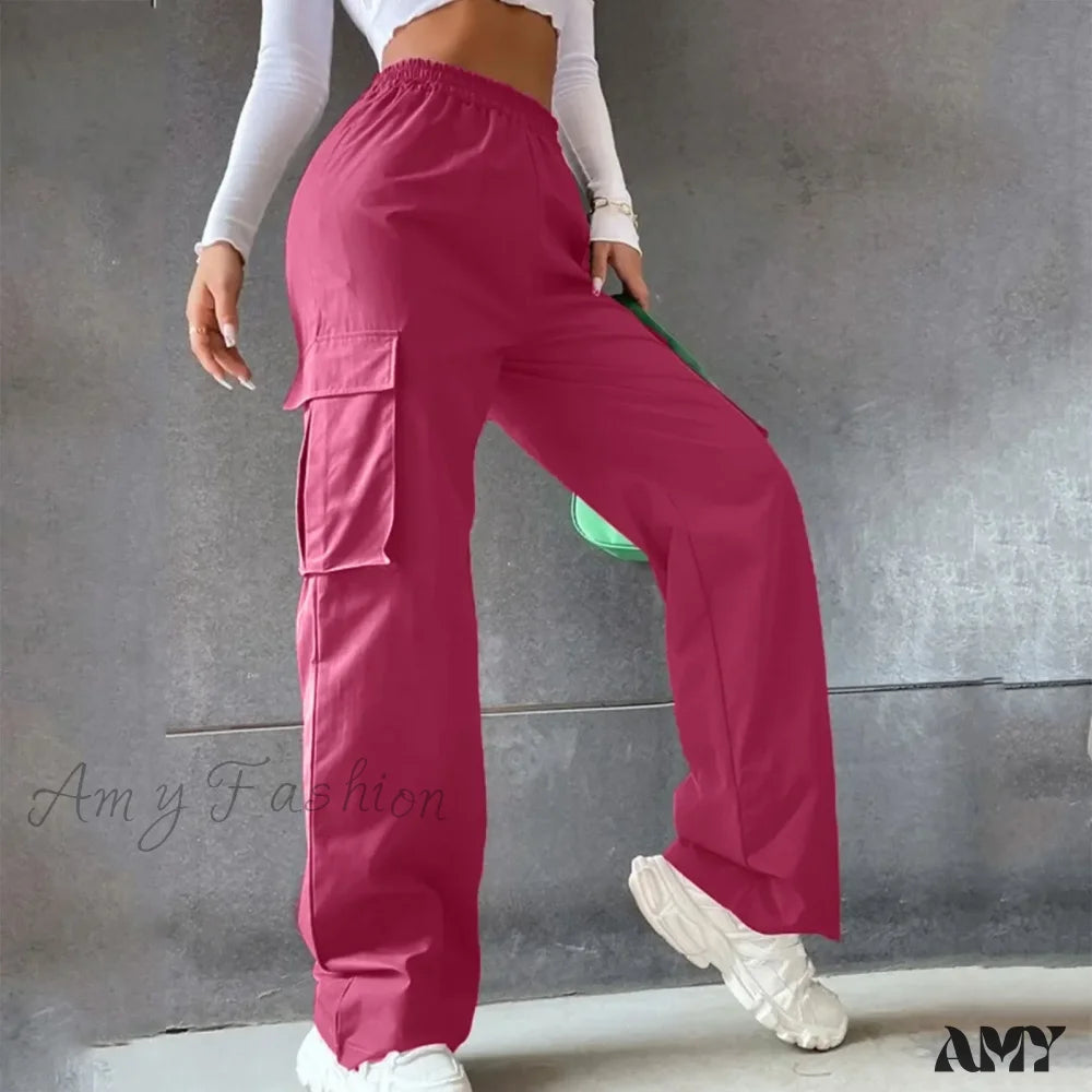 Y2K Vintage Streetwear Techwear Korean Harajuku Parachute Beige Wide Trouser Hot Pink / S