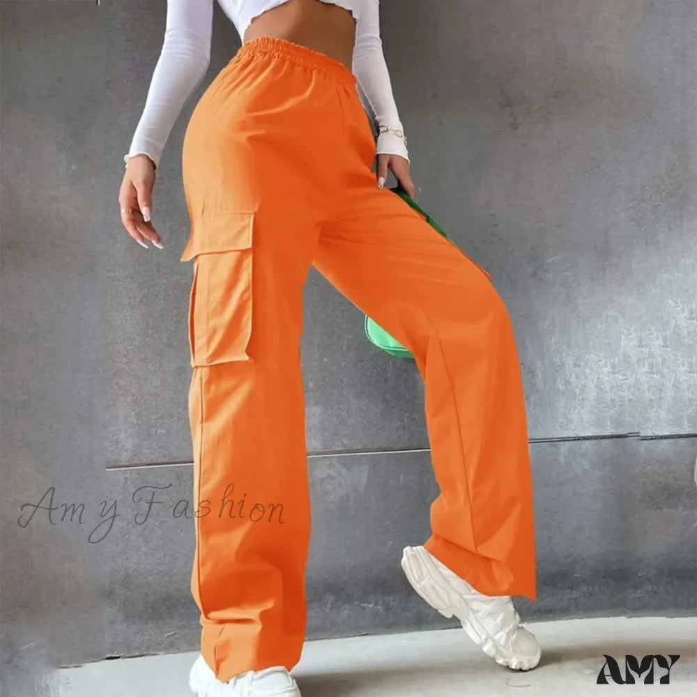 Y2K Vintage Streetwear Techwear Korean Harajuku Parachute Beige Wide Trouser Orange / S