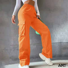 Y2K Vintage Streetwear Techwear Korean Harajuku Parachute Beige Wide Trouser Orange / S