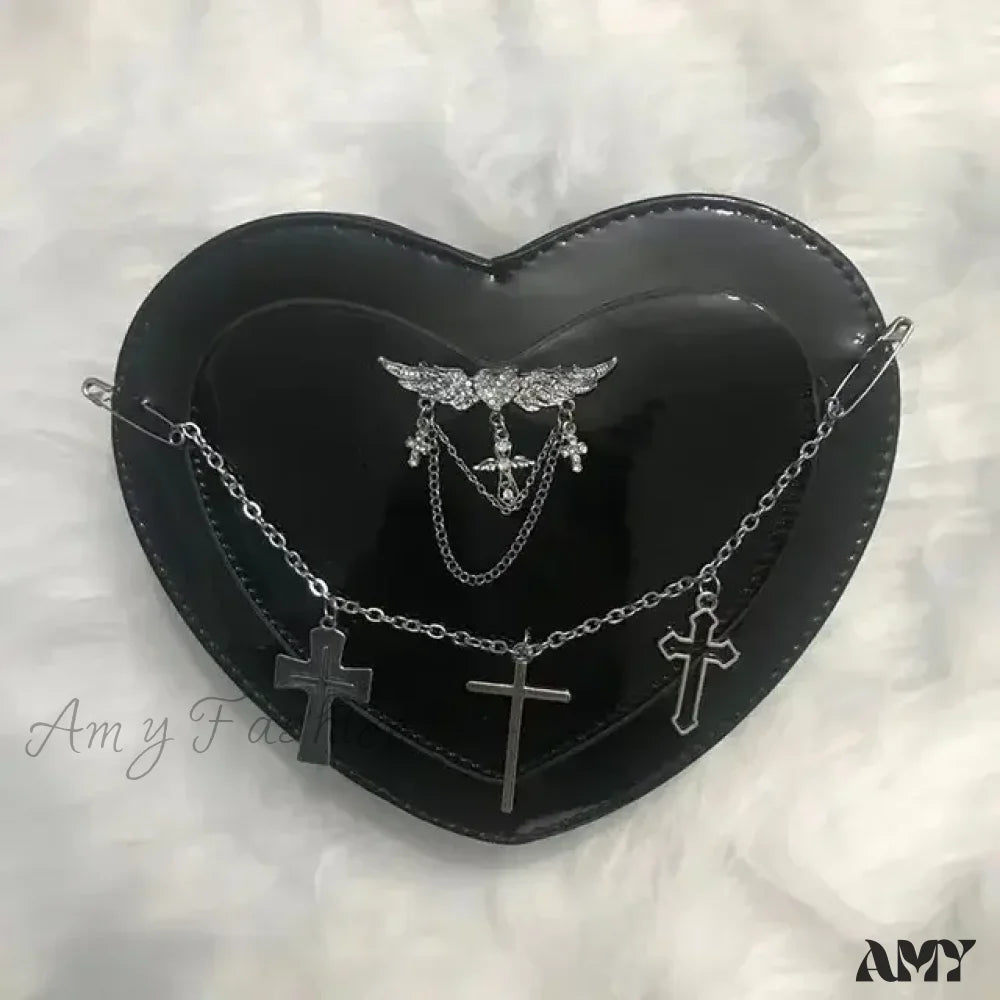 Y2K Women Bag Shoulder Cross Subculture Crossbody Shaped Gothic Punk Heart Black / 18X17X5Cm