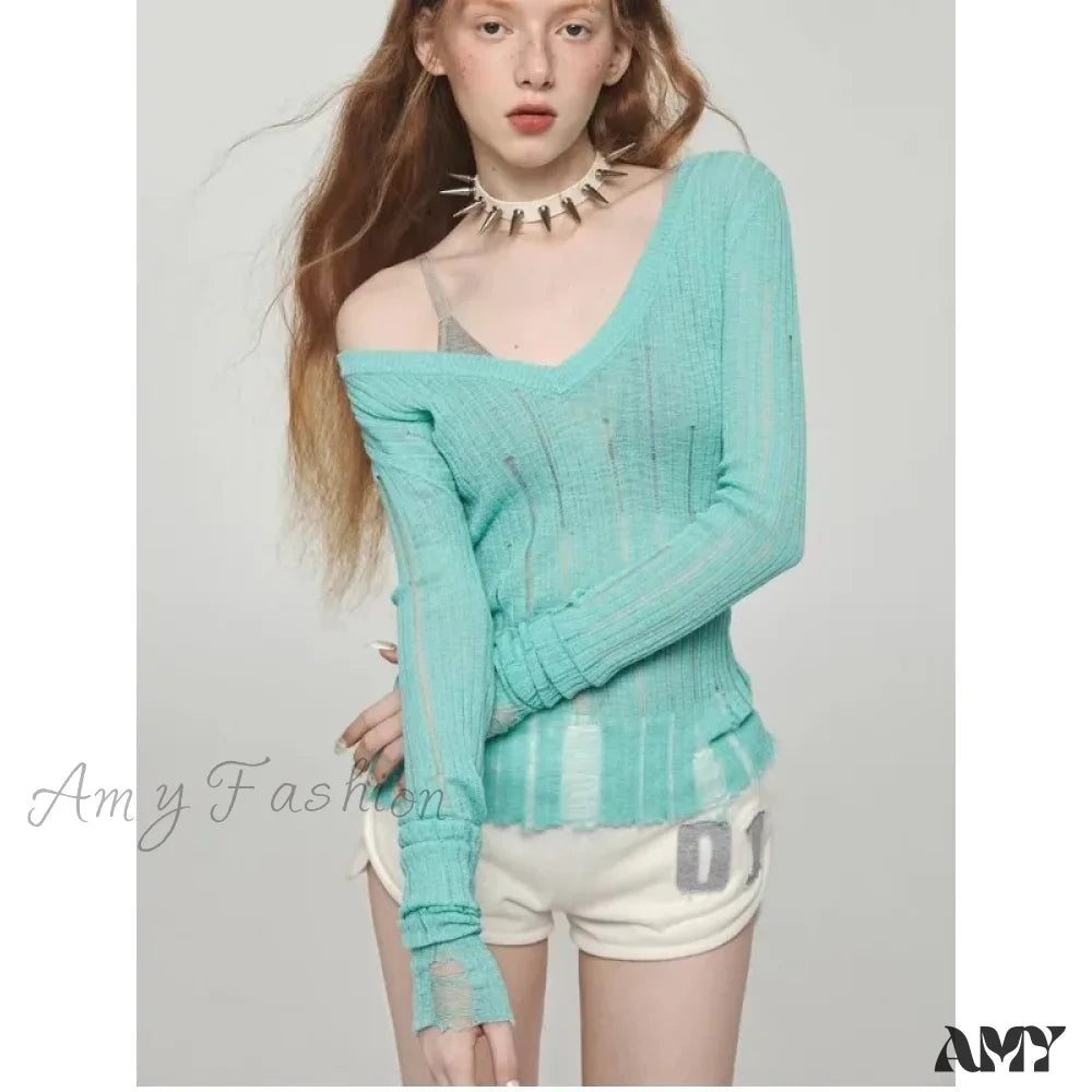 Y2K Women Knit Hollow Out V Neck Pullovers See Through Stylish Harajuku Korean Fashion Autumn Gyaru