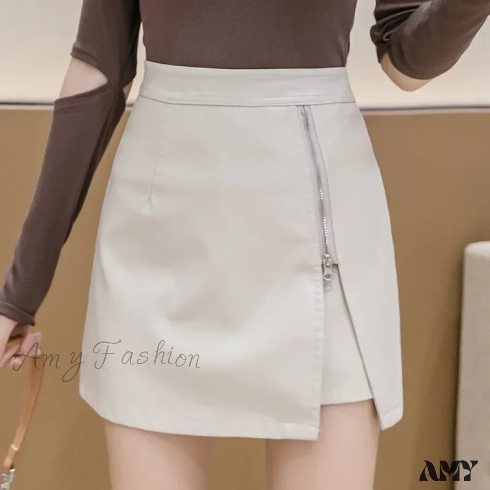 Zipper Opening Anti-Light Leather High Waist Trendy Elegant A-Line Skirt