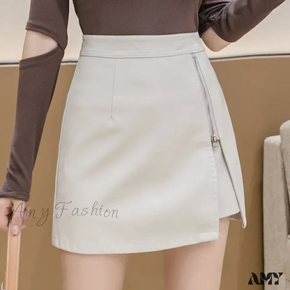 Zipper Opening Anti-Light Leather High Waist Trendy Elegant A-Line Skirt Apricot / S