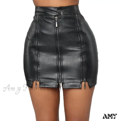 Zipper Pu Leather Mini Sexy High Waist Bodycon Summer Half Black Skirt Black / S