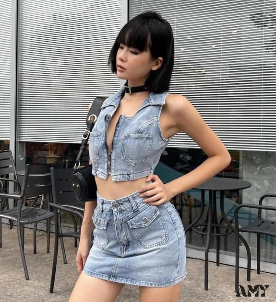 Zipper Sleeveless High Waist Pocket Denim Suit