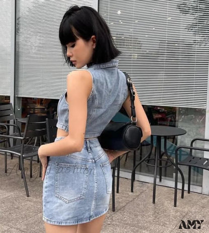 Zipper Sleeveless High Waist Pocket Denim Suit