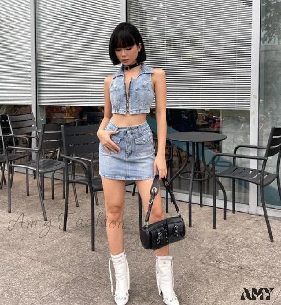 Zipper Sleeveless High Waist Pocket Denim Suit