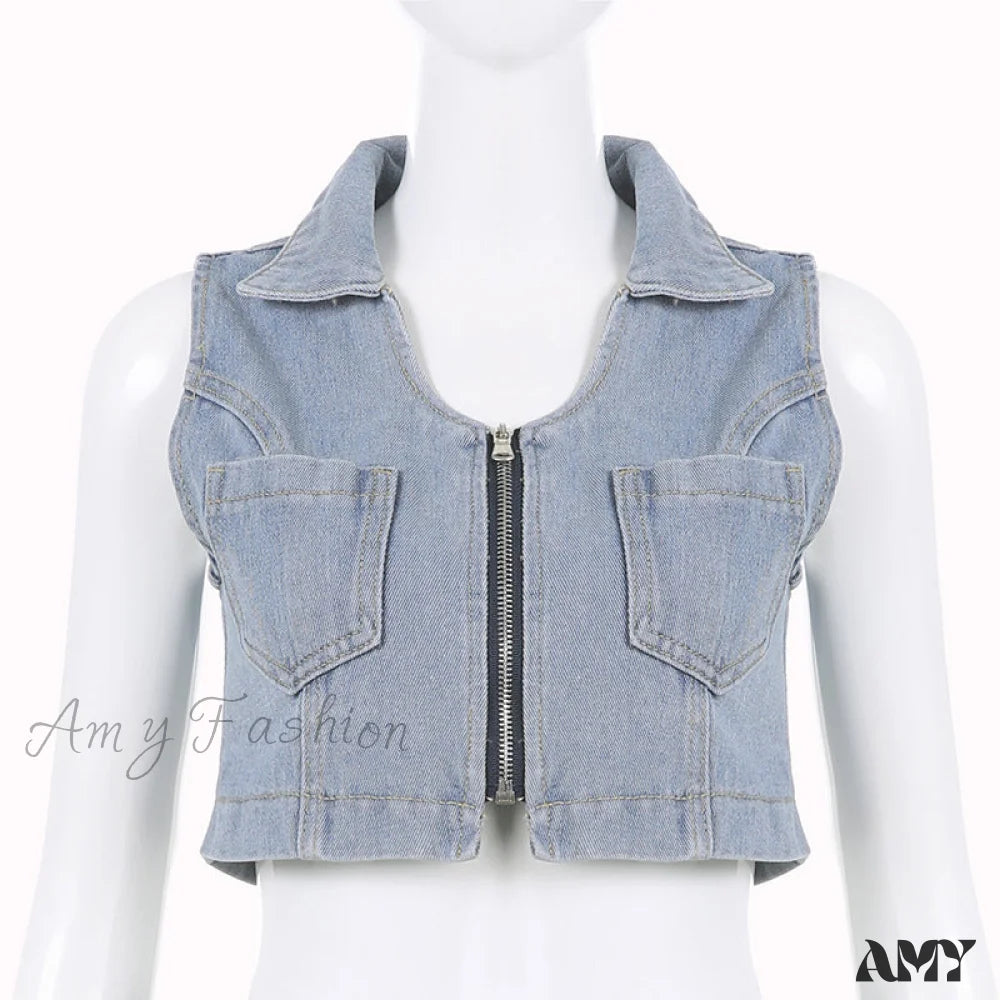 Zipper Sleeveless High Waist Pocket Denim Suit