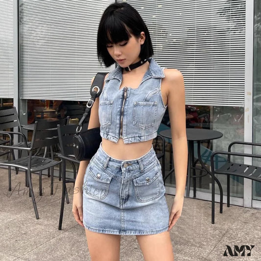 Zipper Sleeveless High Waist Pocket Denim Suit Blue / S