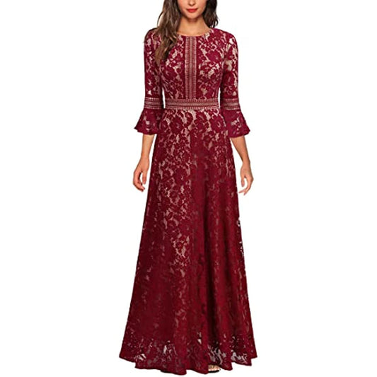Christmas Vintage Full Lace Contrast Bell Sleeve Formal Long Dress