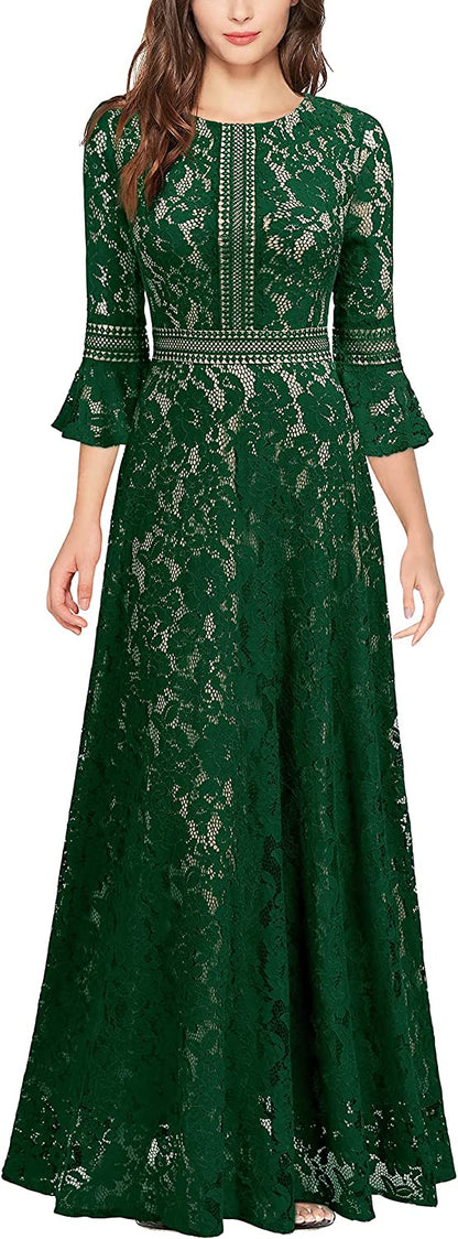 Christmas Vintage Full Lace Contrast Bell Sleeve Formal Long Dress