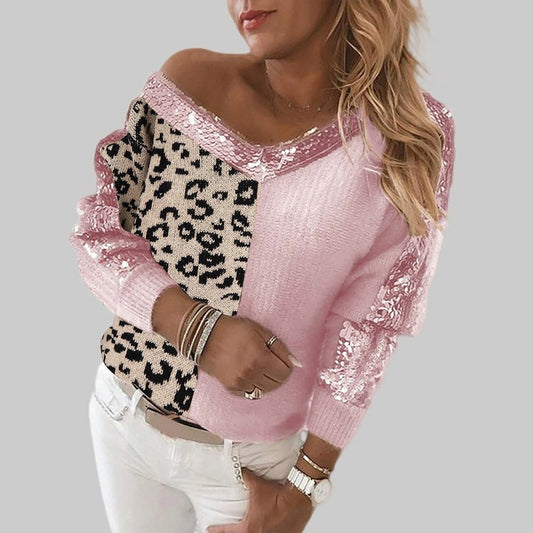Loose Soft Sequin Stitching Leopard Print Long Sleeve Pullover