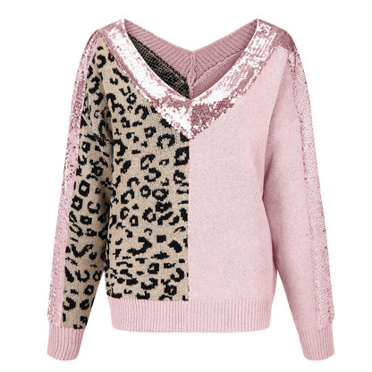 Loose Soft Sequin Stitching Leopard Print Long Sleeve Pullover