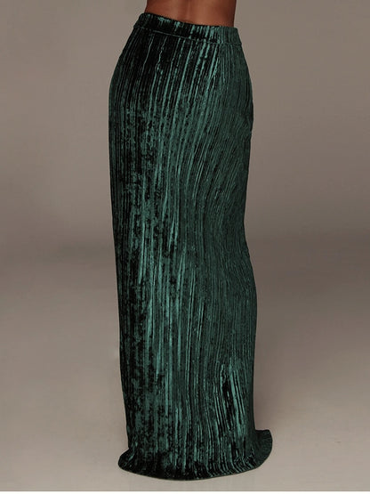 Velour Side Split Solid Color A Line High Waist Skirt