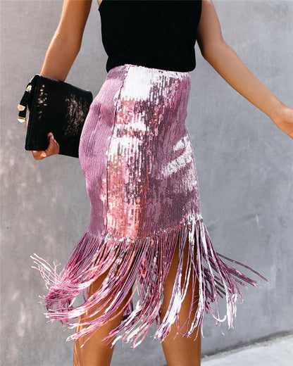 2024 Sequin Tassel Tight Midi Skirt